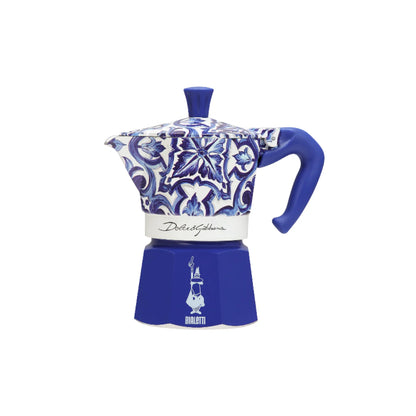 Bialetti X Dolce&Gabbana Blue Mediterranean Moka Express coffee maker with vibrant blue design and stainless steel hardware.
