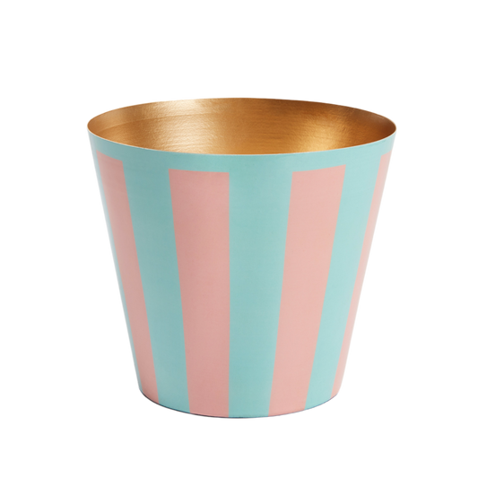 Domenicamarland Penny Planter in pink and blue stripe ceramic with a glossy finish, ideal for small indoor plants.