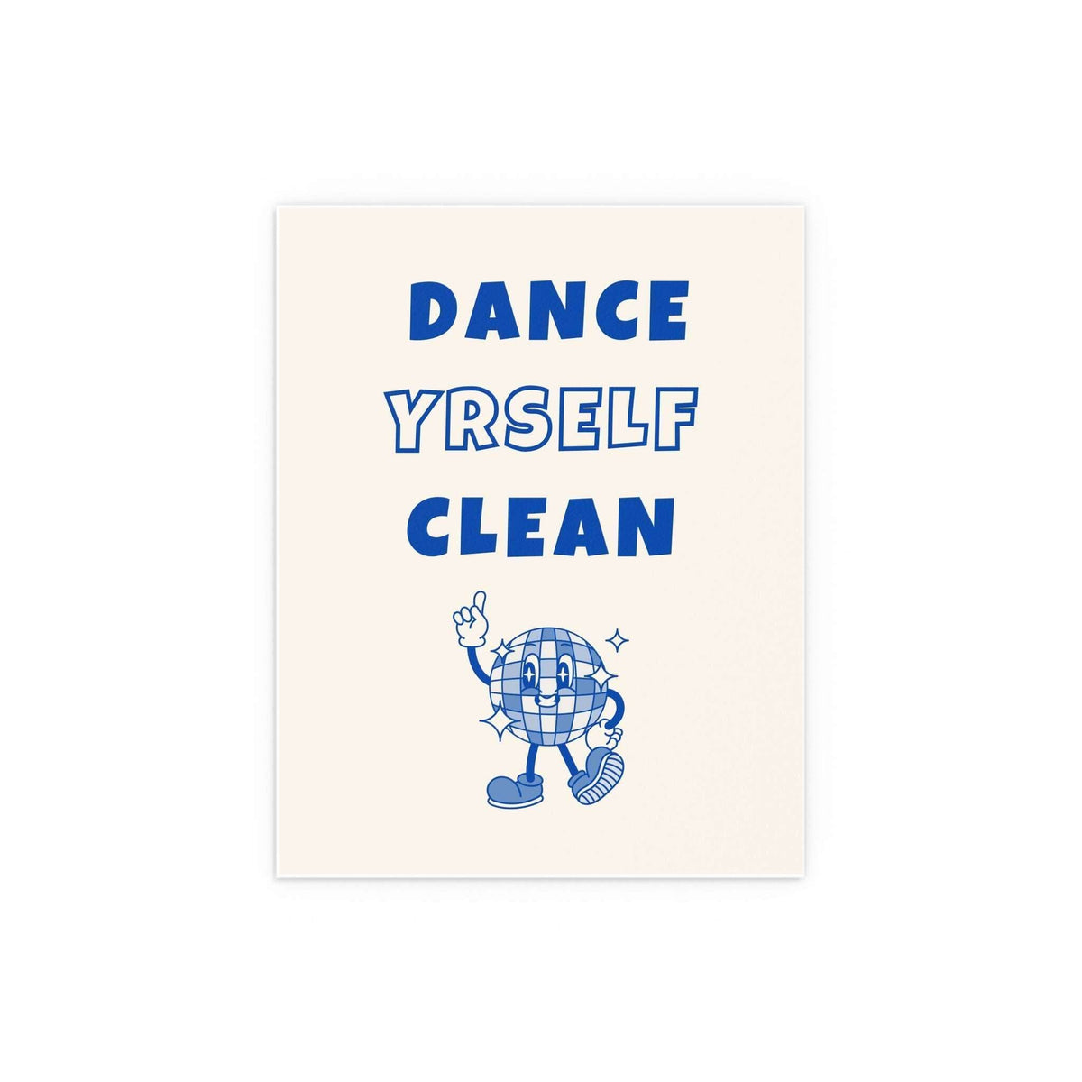 Off-white and blue LCD Soundsystem "Dance Yrself Clean" poster by Glow On Prints, featuring bold graphic design.