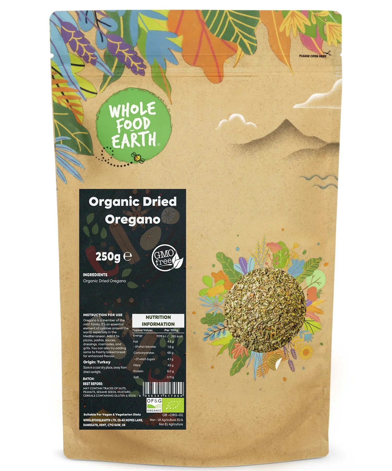 Organic oregano herb in a glass jar from Whole Food Earth, showing fresh green leaves for culinary seasoning.