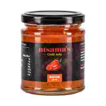 Ntsama Medium Chilli Jelly jar with vibrant red chili jelly inside, labeled with Ntsama branding, on a white background.