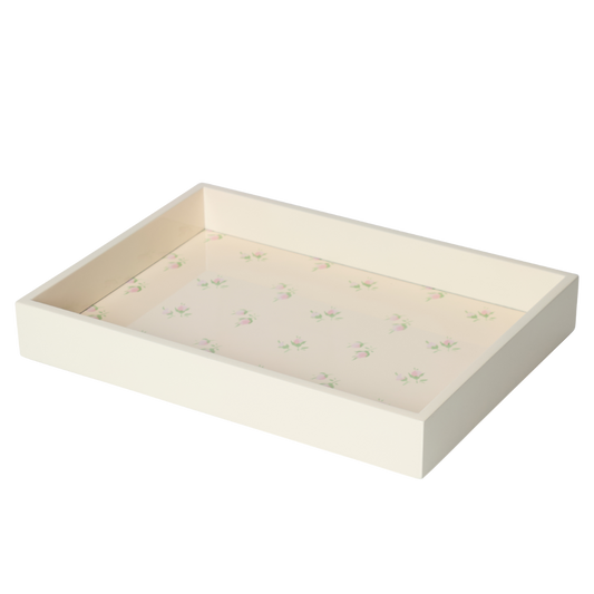 Cream-colored Domenica Marland x Yolke Rosebud breakfast tray with handle and floral design, ideal for serving breakfast in bed.