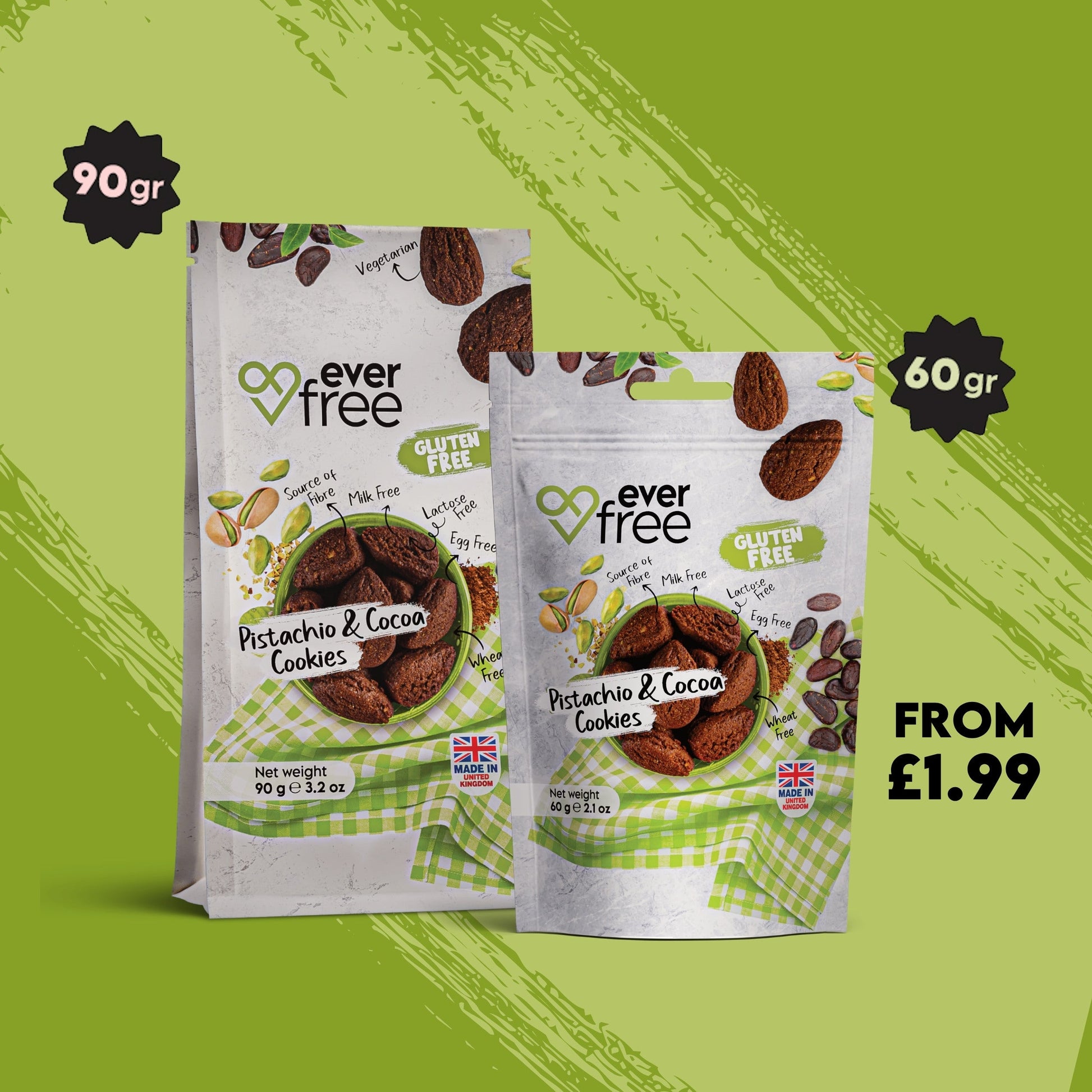 EverFree gluten-free pistachio and cocoa cookie showing a close-up of the crunchy cookie with green pistachios and rich cocoa flavor.