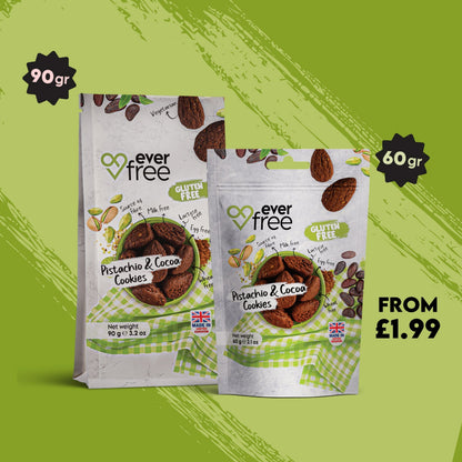 EverFree gluten-free pistachio and cocoa cookie showing a close-up of the crunchy cookie with green pistachios and rich cocoa flavor.