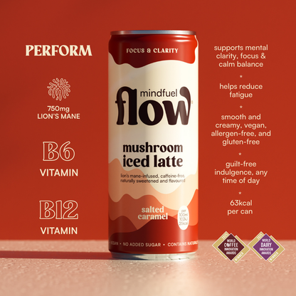 Four-pack of Mindfuel Flow Lion's Mane Oat Latte with Salted Caramel flavor, showing creamy latte drinks in clear glasses.