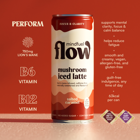 Four-pack of MINDFUEL FLOW Lion's Mane Oat Latte with Salted Caramel flavor, featuring creamy oat latte drinks in colorful bottles.
