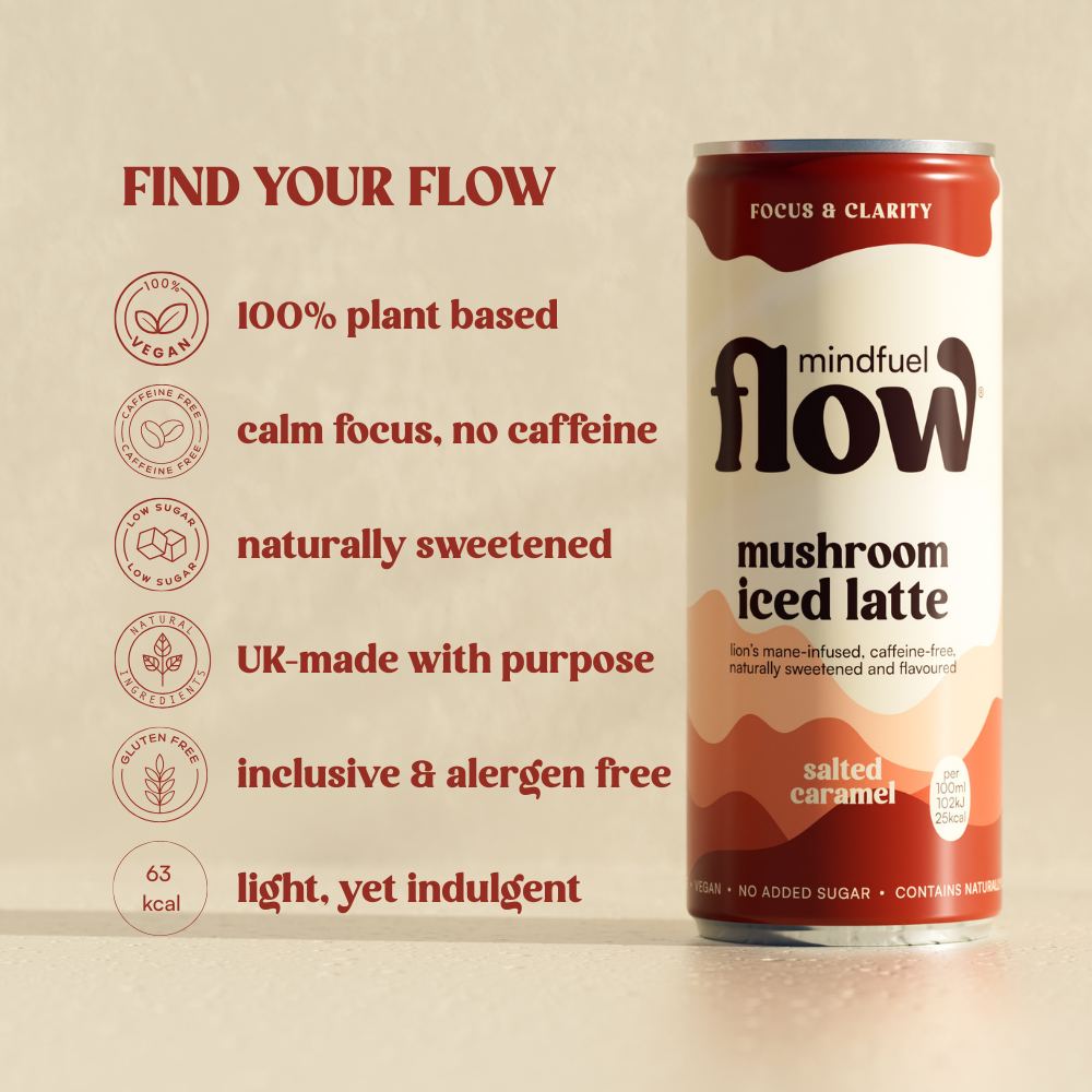 Four-pack of Mindfuel Flow Lion's Mane Oat Latte with Salted Caramel flavor, showing creamy latte drinks in clear glasses.