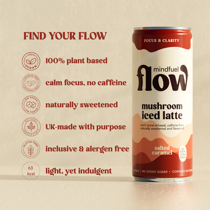 Four-pack of Mindfuel Flow Lion's Mane Oat Latte with Salted Caramel flavor, showing creamy latte drinks in clear glasses.