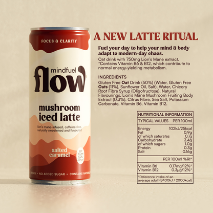 Four-pack of Mindfuel Flow Lion's Mane Oat Latte with Salted Caramel flavor in individual drink cartons.