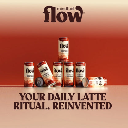 Four-pack of Mindfuel Flow Lion's Mane Oat Latte with Salted Caramel flavor, showing creamy oat latte drinks with caramel drizzle.