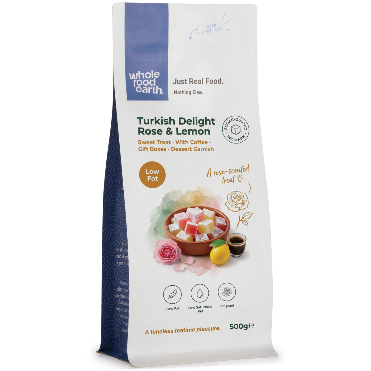 Turkish Delight rose and lemon specialty sweets from Whole Food Earth, featuring colorful, fragrant treats in a decorative display.