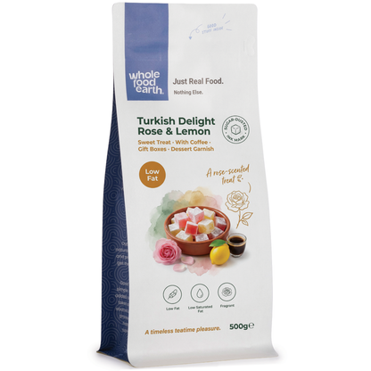 Turkish Delight rose and lemon specialty sweets from Whole Food Earth, featuring colorful, fragrant treats in a decorative display.