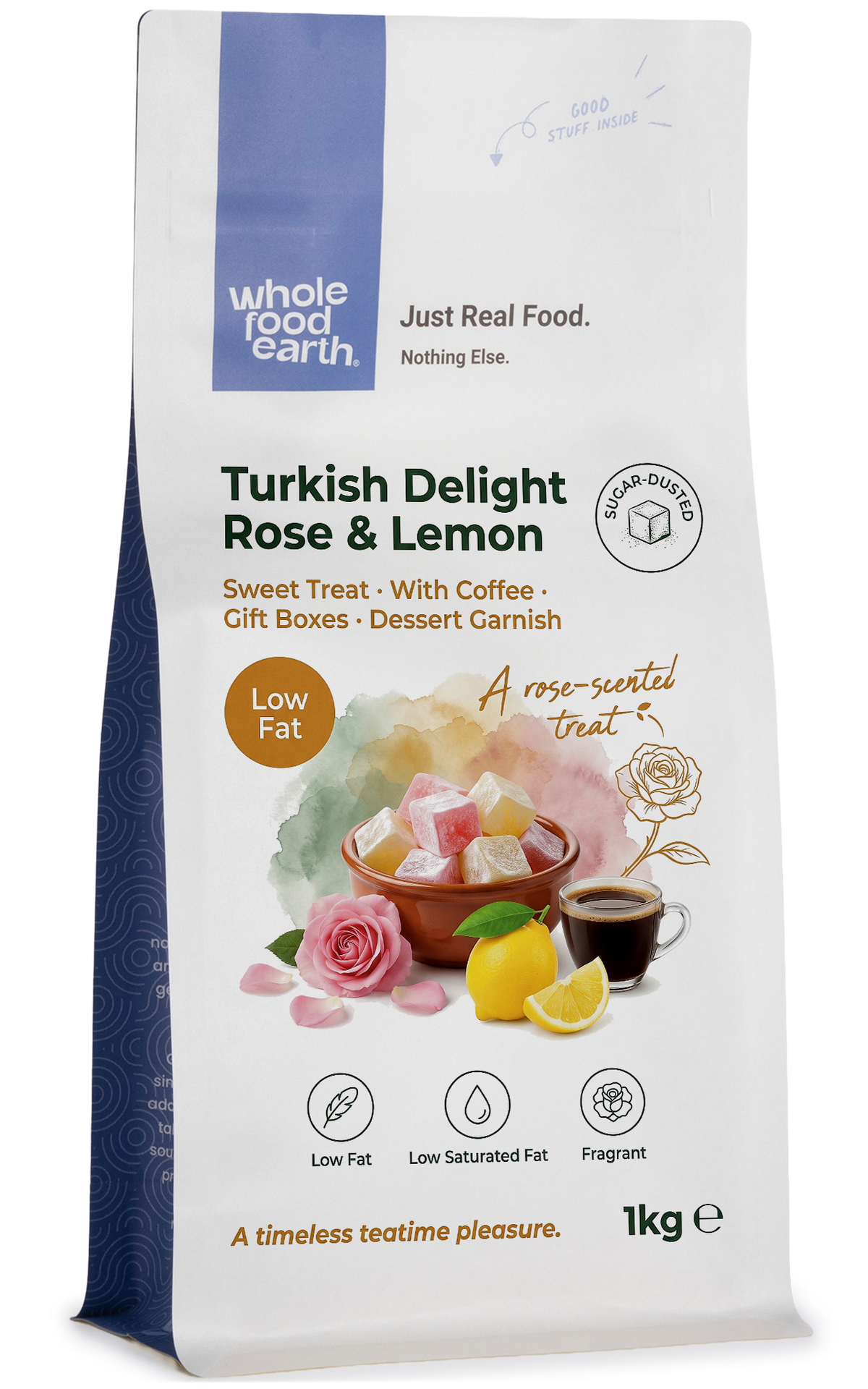 Assorted Turkish Delight candies with rose and lemon flavors from Whole Food Earth, showcasing colorful, textured sweets in a close-up shot.