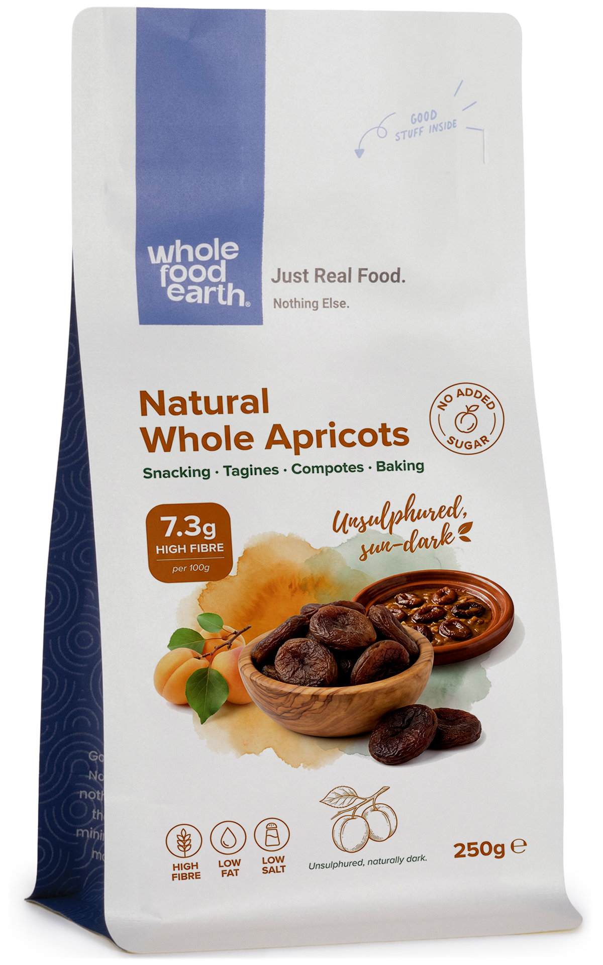 Dried whole apricots from Whole Food Earth, natural and plump dried fruit, with vibrant orange color and textured surface.