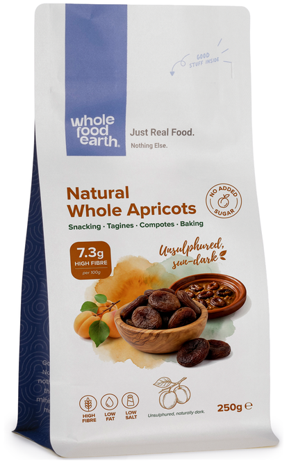 Dried whole apricots from Whole Food Earth, natural and plump dried fruit, with vibrant orange color and textured surface.