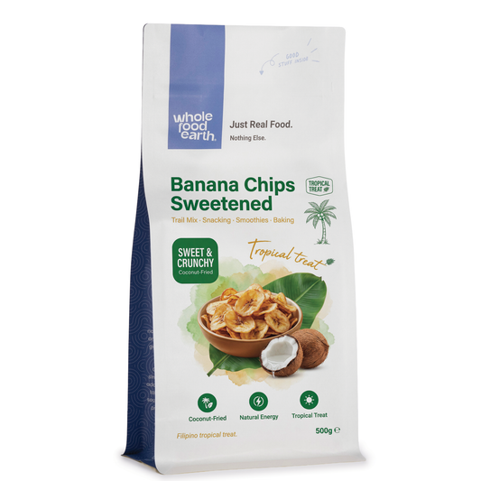 Sweetened banana chips from Whole Food Earth, dried fruit snack with golden, crispy banana slices on a white background.