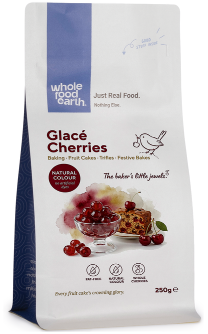 Dried glacé cherries from Whole Food Earth, showcasing bright red, glossy dried fruit pieces in a clear container.