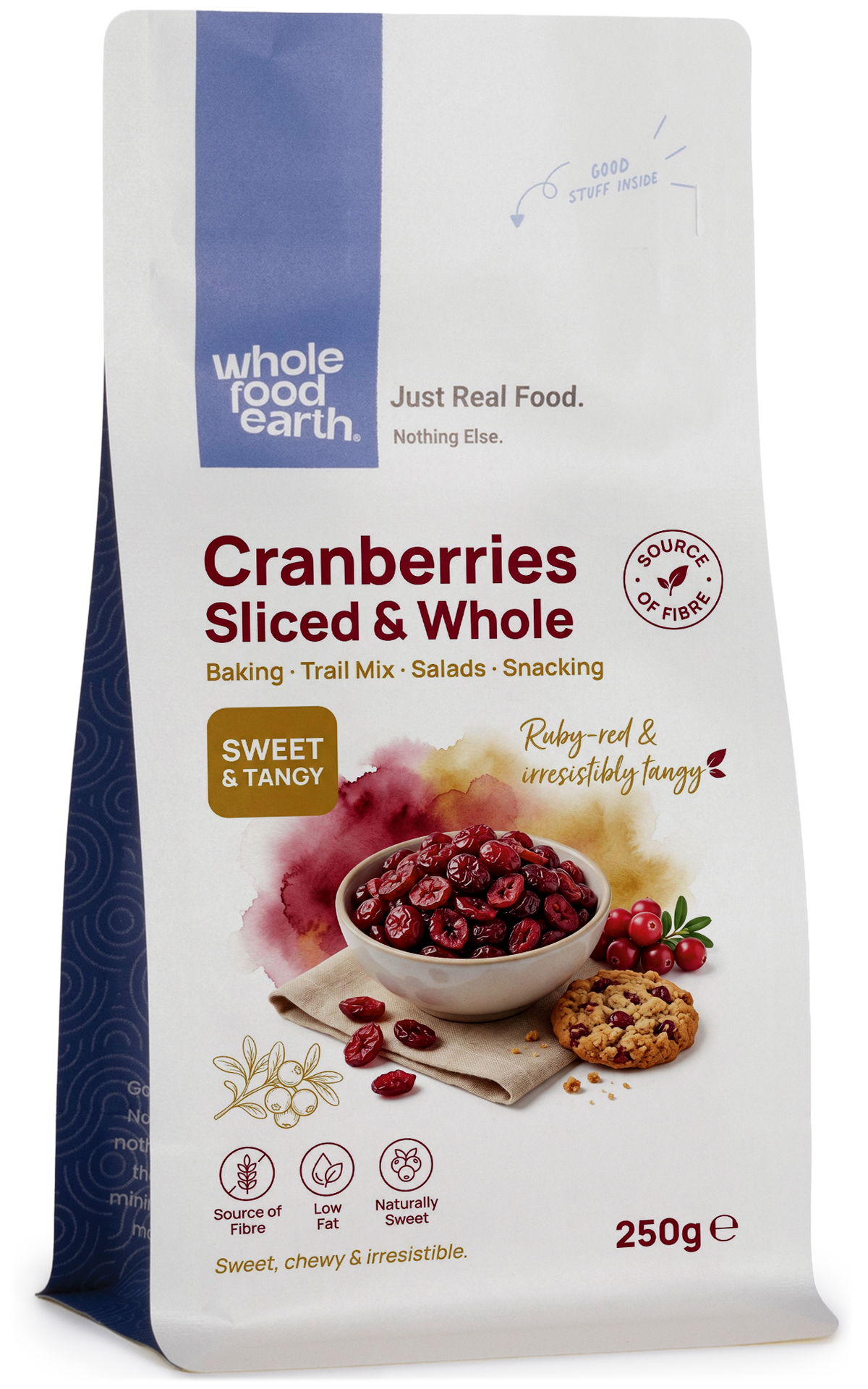 Dried cranberries, whole and sliced, from Whole Food Earth, shown in a clear container with vibrant red color and textured surface.