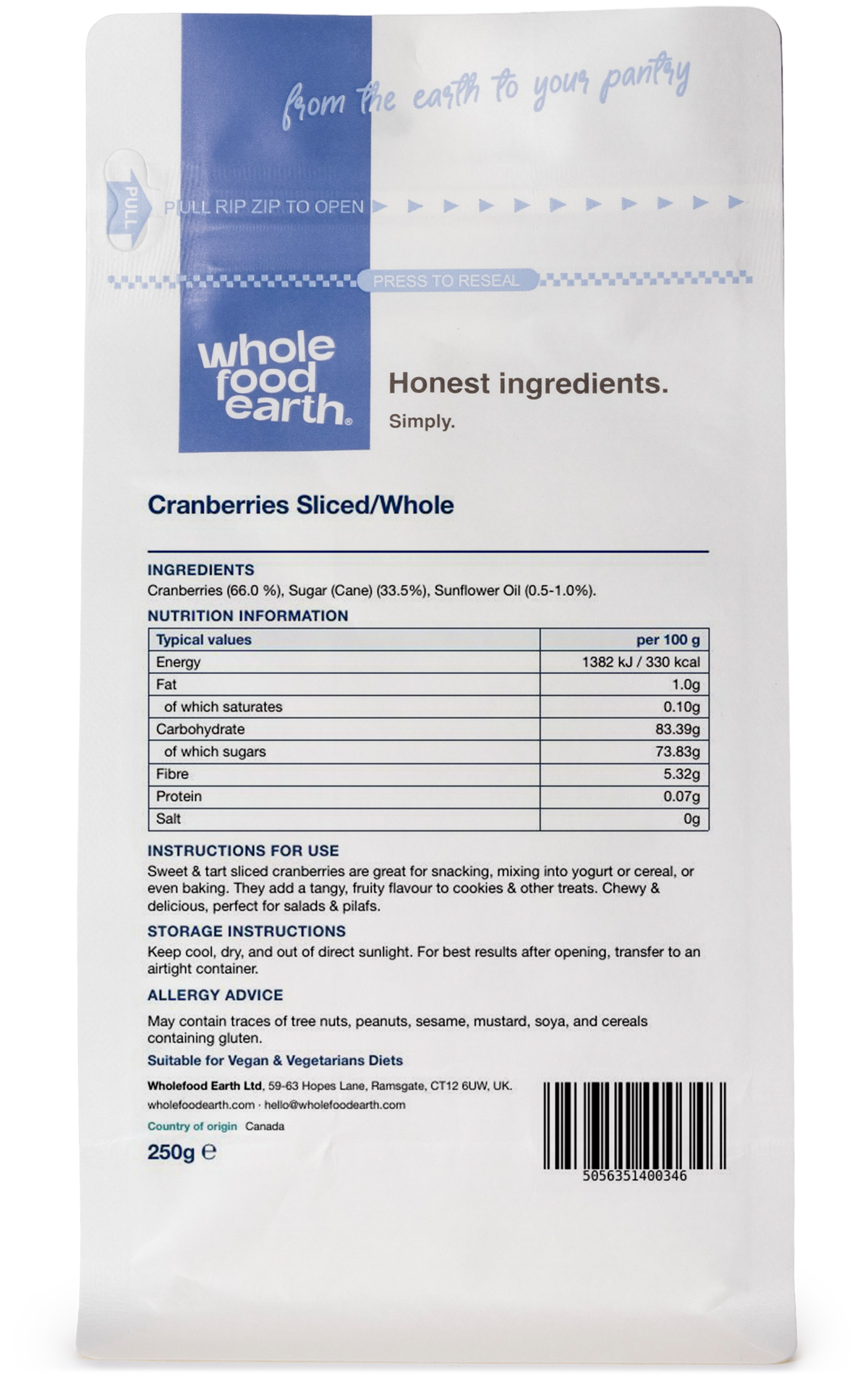 Whole Food Earth dried cranberries, sliced and whole, in a natural, colorful display of dried fruit pieces.