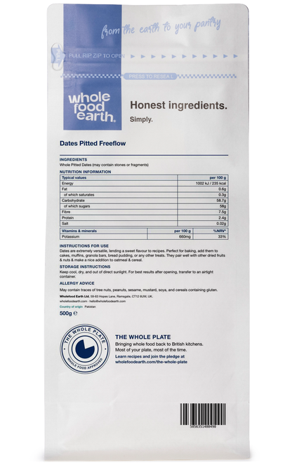 Pitted free-flow dried dates from Whole Food Earth, showing glossy, dark brown dates with smooth, seedless surfaces.