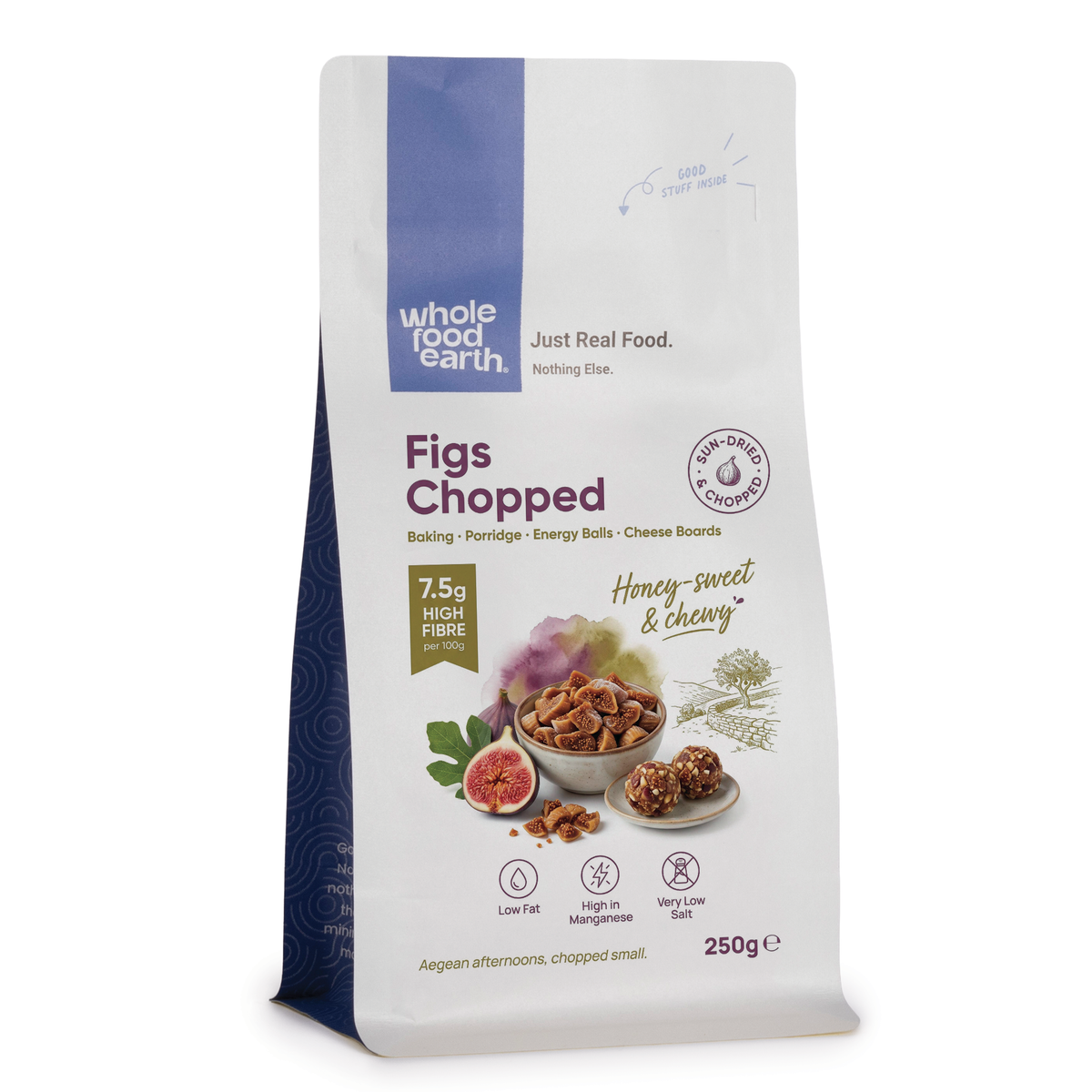 Dried figs chopped by Whole Food Earth, showing sliced pieces of sweet, chewy dried figs in a natural, appetizing presentation.