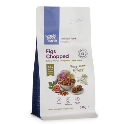 Dried figs chopped by Whole Food Earth, showing sliced pieces of sweet, chewy dried figs in a natural, appetizing presentation.