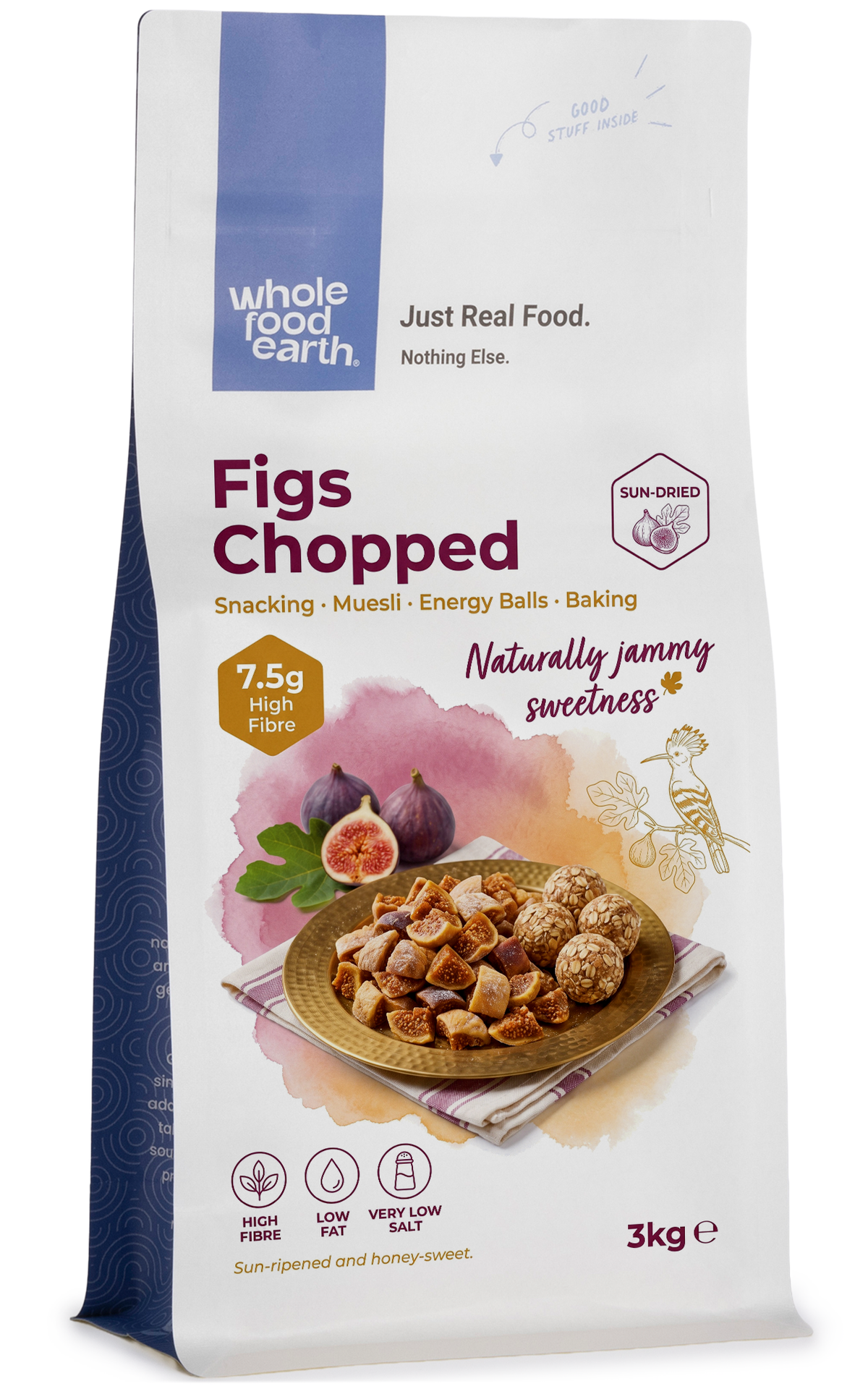 Dried chopped figs from Whole Food Earth, a natural dried fruit snack with chopped fig pieces on a white background.