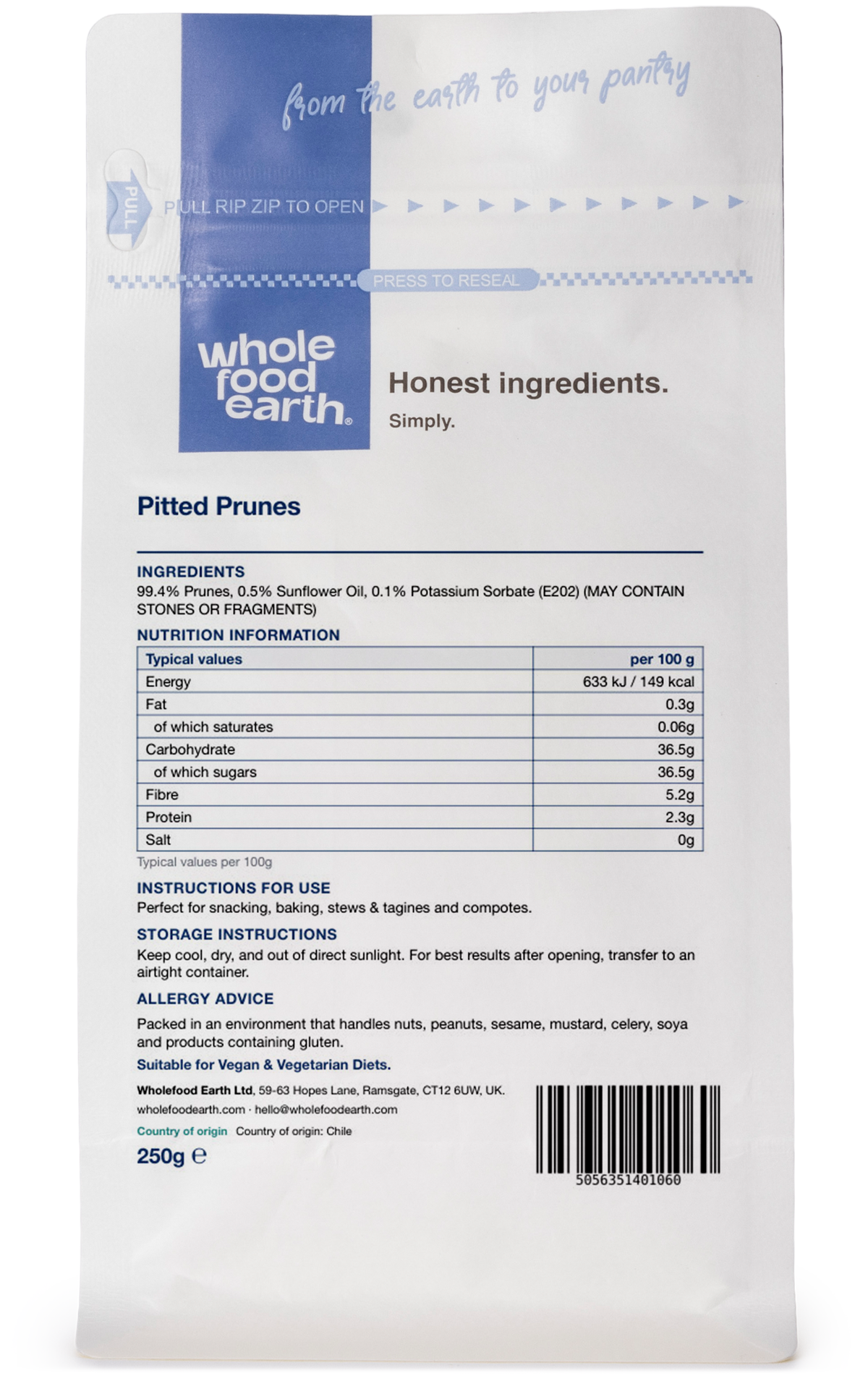 Back view of Whole Food Earth pitted medium-sized prunes, dried fruit with smooth, dark surface and natural texture.