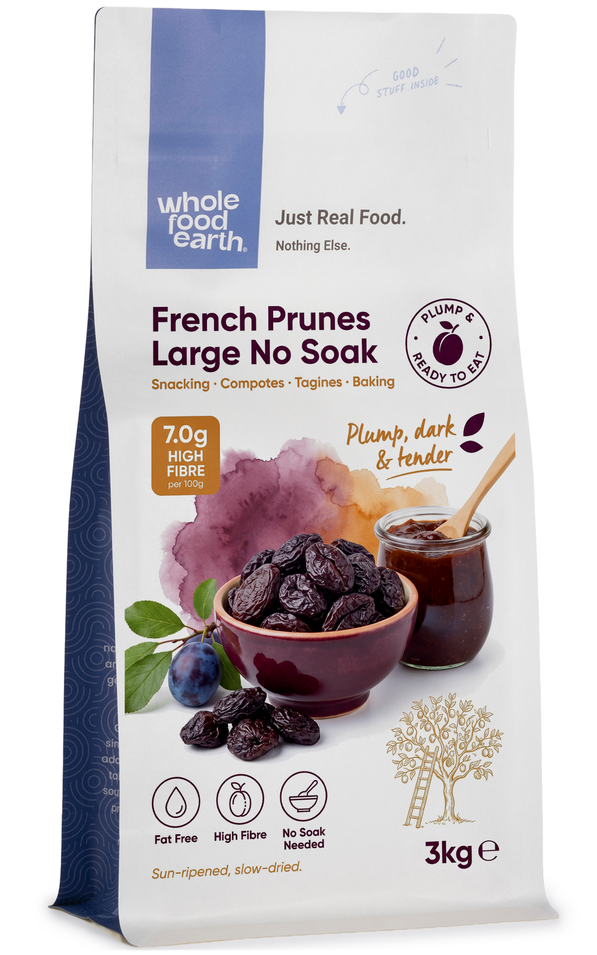 Dried French prunes from Whole Food Earth, large no-soak variety, showing plump, dark dried fruit pieces on a white background.