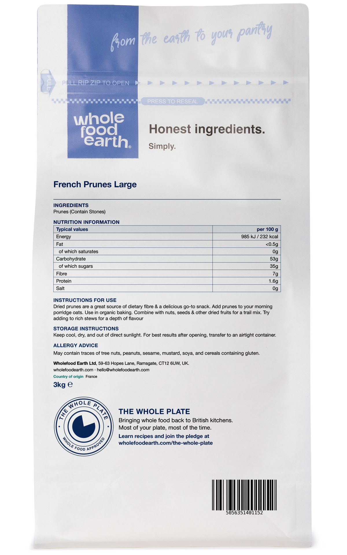 Back view of Whole Food Earth French Prunes, large dried fruit with no soaking required, showcasing their rich, wrinkled texture.