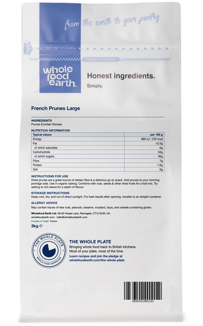 Back view of Whole Food Earth French Prunes, large dried fruit with no soaking required, showcasing their rich, wrinkled texture.