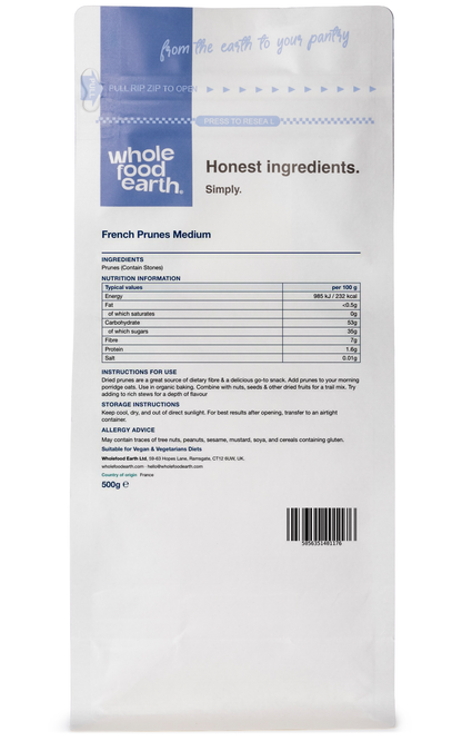 Dried French Prunes from Whole Food Earth, medium unsorbated, shown in a natural back view of the packaged dried fruit.