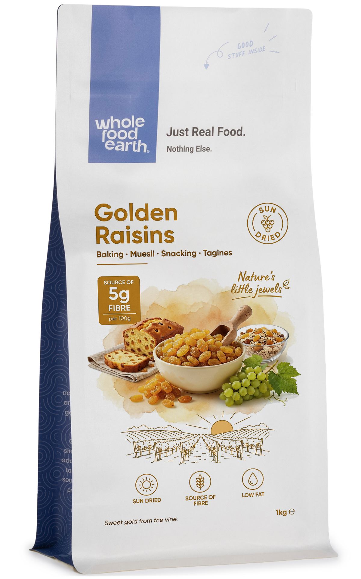 Golden raisins, dried fruits from Whole Food Earth, displayed in a clear bowl showing their shiny, plump appearance.