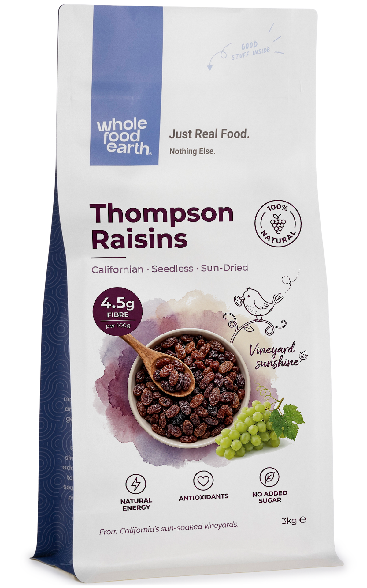 Dried Californian Thompson Seedless Raisins from Whole Food Earth, close-up of plump, golden raisins in a bowl.