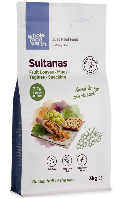 Dried Turkish sultanas from Whole Food Earth displayed in a bowl, showcasing plump, golden dried fruits on a white background.