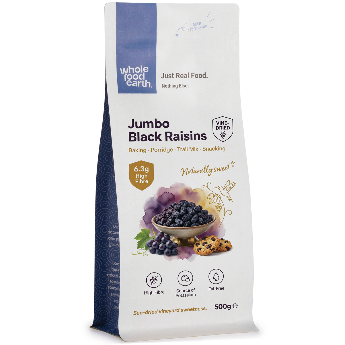Jumbo black raisins from Whole Food Earth, dried fruit with large, plump, dark raisins on a white background.