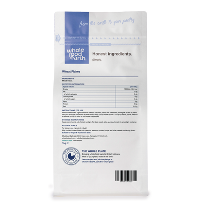 Back view of Whole Food Earth wheat flakes cereal box, showing the product packaging and branding.