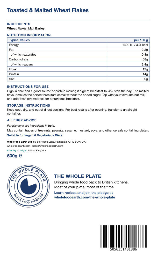 Whole Food Earth toasted and malted wheat flakes cereal in a bowl, showing crispy, golden wheat flakes and malted grains.