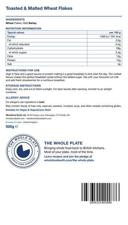 Whole Food Earth toasted and malted wheat flakes cereal in a bowl, showing crispy, golden wheat flakes and malted grains.