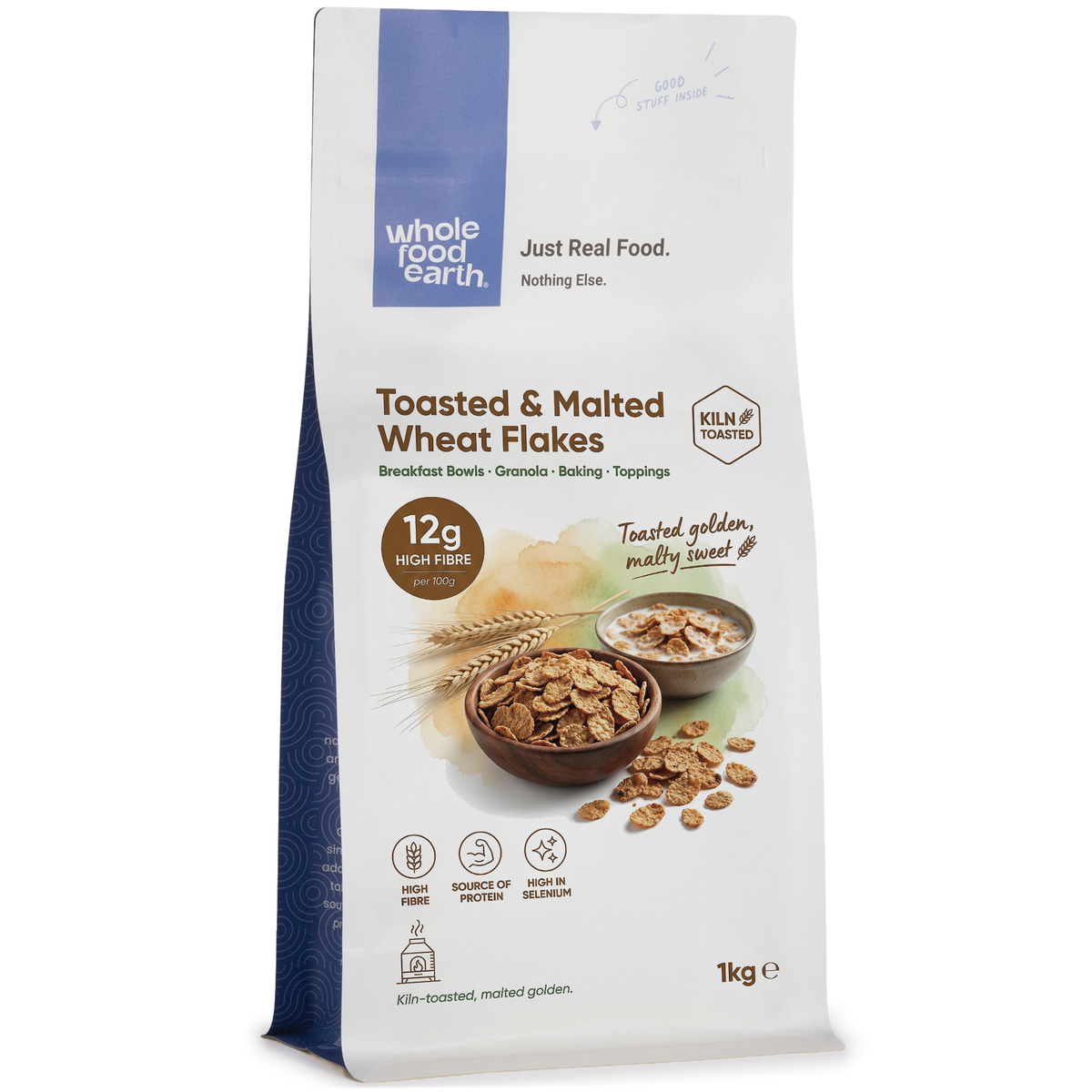 Whole Food Earth toasted and malted wheat flakes cereal in a bowl, showing crispy golden wheat flakes ready to eat.