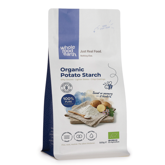 Whole Food Earth potato starch in a clear bag, showing fine white flour used for cooking and baking.