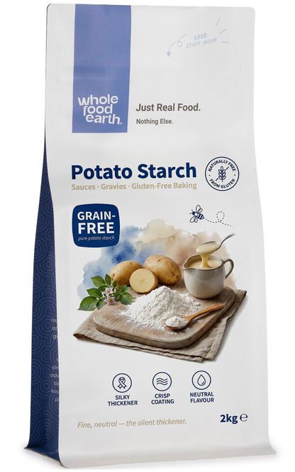 Whole Food Earth potato starch in a bag, a fine white flour used for cooking and baking, displayed in a 3D product image.