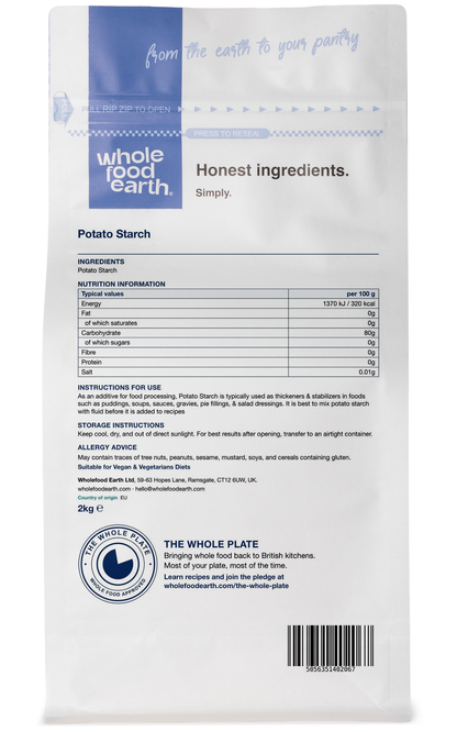 Back view of Whole Food Earth potato starch package, a gluten-free flour and grain product for baking and cooking.
