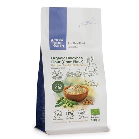 Organic chickpea flour from Whole Food Earth, showing a bag of gluten-free, high-protein flour for baking and cooking.