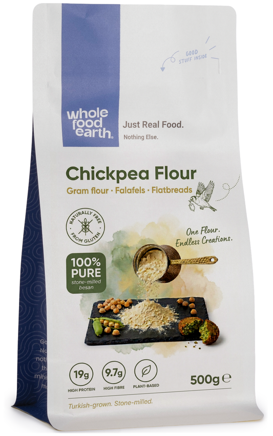 Whole Food Earth chickpea flour bag showing a close-up of the packaging and label on a white background.