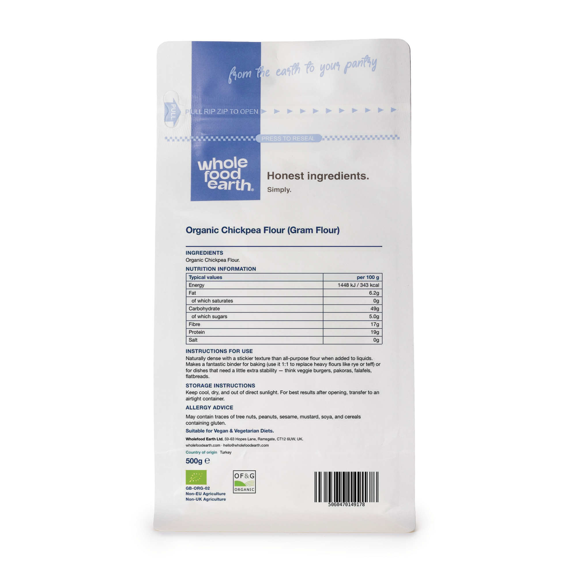 Back view of Whole Food Earth chickpea flour bag, showing the packaging for this gluten-free, high-protein flour product.