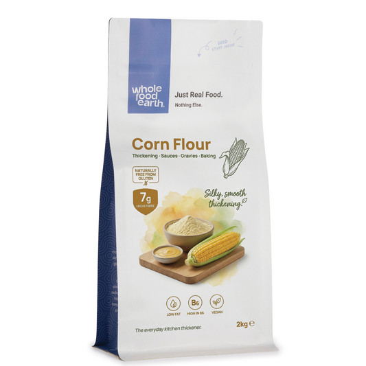 Whole Food Earth corn flour from Serious Grains, fine yellow cornmeal for baking and cooking, in a packaging shot.