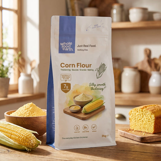 Whole Food Earth Corn Flour from Serious Grains, showing a close-up of golden corn flour in a bowl with a scoop.