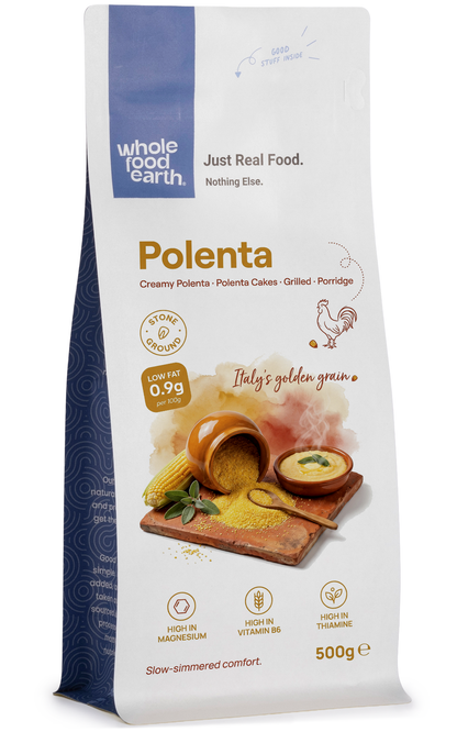 Whole Food Earth polenta flour in a bag, showing the packaging of this gluten-free grain product.