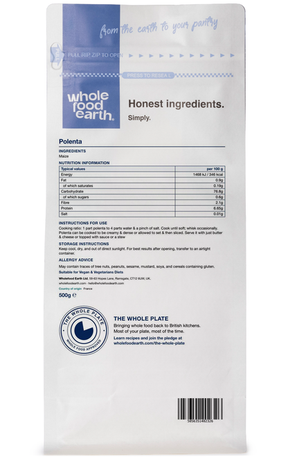 Whole Food Earth polenta flour package showing a bag of yellow cornmeal polenta in a natural setting.